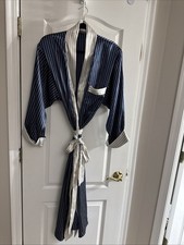Vintage Circa 1980 Silk Feel Polyester Blue/Cream Robe With Shoulder pads