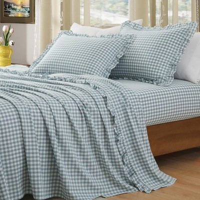 Kkjiaf 4 Pieces Plaid Ruffle King Size Sheets Set Cotton Gingham King Sheet Set
