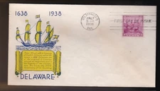 DELAWARE TERCENTENARY #836 US FIRST DAY COVER 1938, WSE CACHET FDC