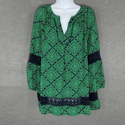 Crown & Ivy Tunic Top Green Black Lace Trim V-Neck Blouse Size 2X Boho Flowy