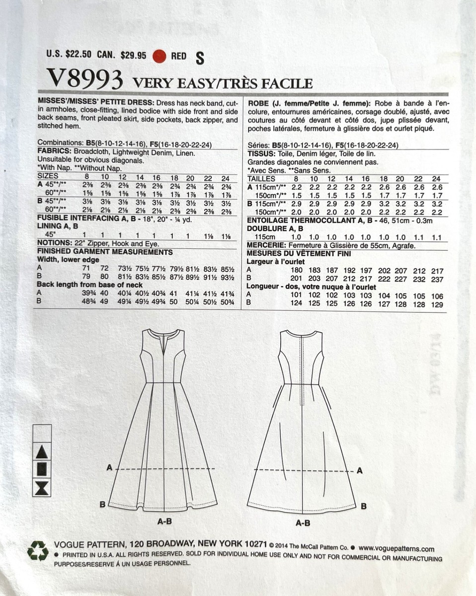 VOGUE Misses' Dress Pattern V8993 Size 16-24 UNCUT | eBay