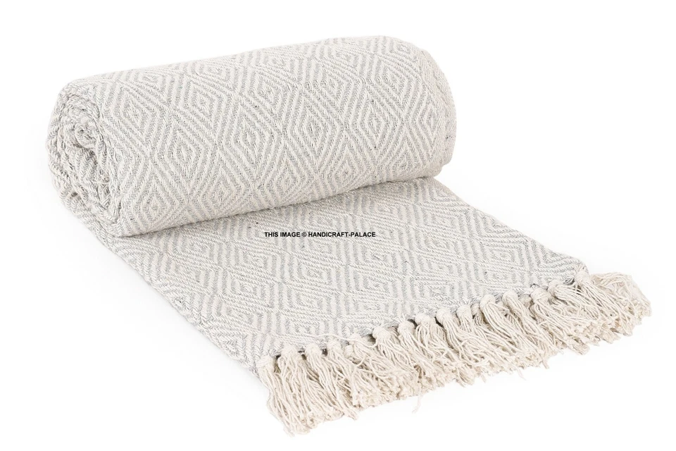 100% Cotton Grey Natural Woven Herringbone Sofa Chair Bed Throw Fringed Blanket - Image 2 of 3