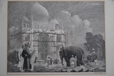 Original Fine Old Antique Art Etching Print On Paper - Taj Mahal of India