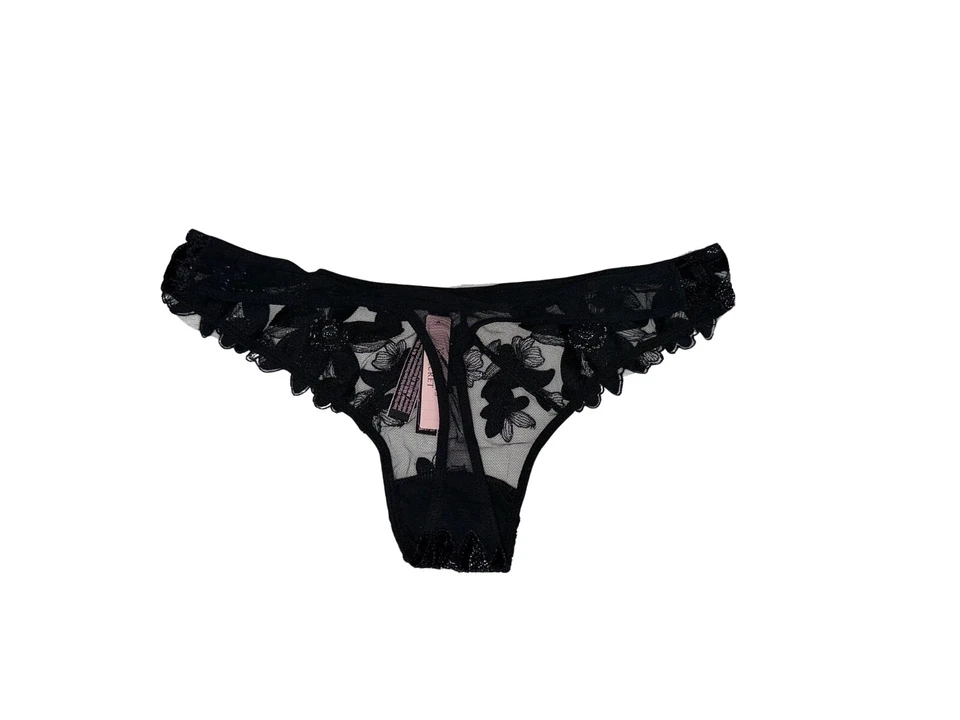 Tanga Victoria's Secret Floral Terciopelo Bordado Panty Color Negro Nuevo con Etiquetas Foto 3 de 3
