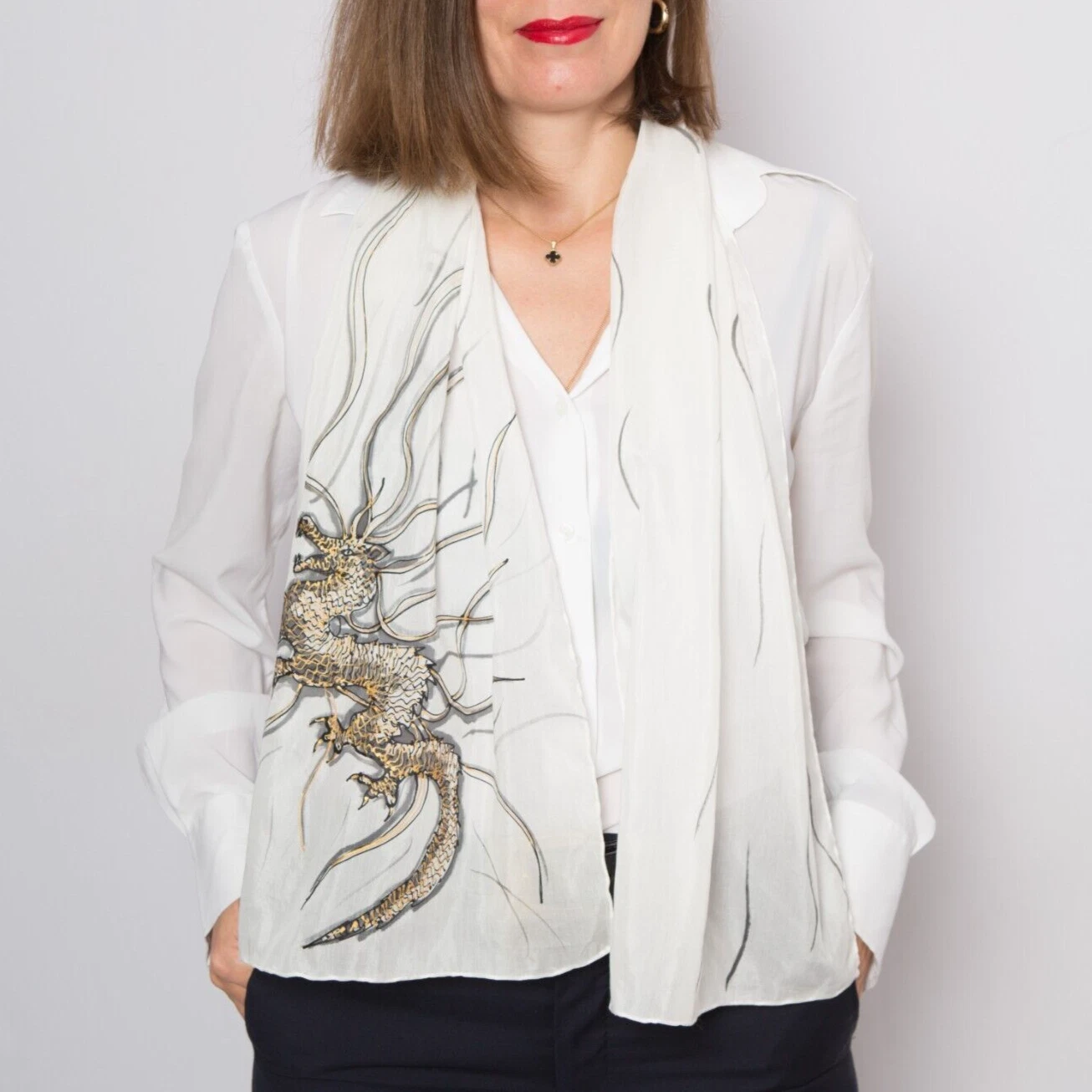 Hand Painted White Silk Cotton Scarf Dragon Print White Scarf Dragon Scarf Xmas