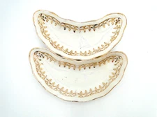 Antique K.T. & K Co 2pc crescent bone dishes semi vitreous porcelain gold design