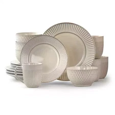 Elama Dinnerware Set White Embossed Accents Stoneware 16-Piece Service for 4