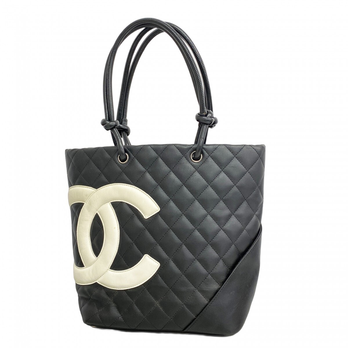 CHANEL Cambon Lambskin Tote Bag 5GB2151 Black White Silver Hardware Pre-Owned