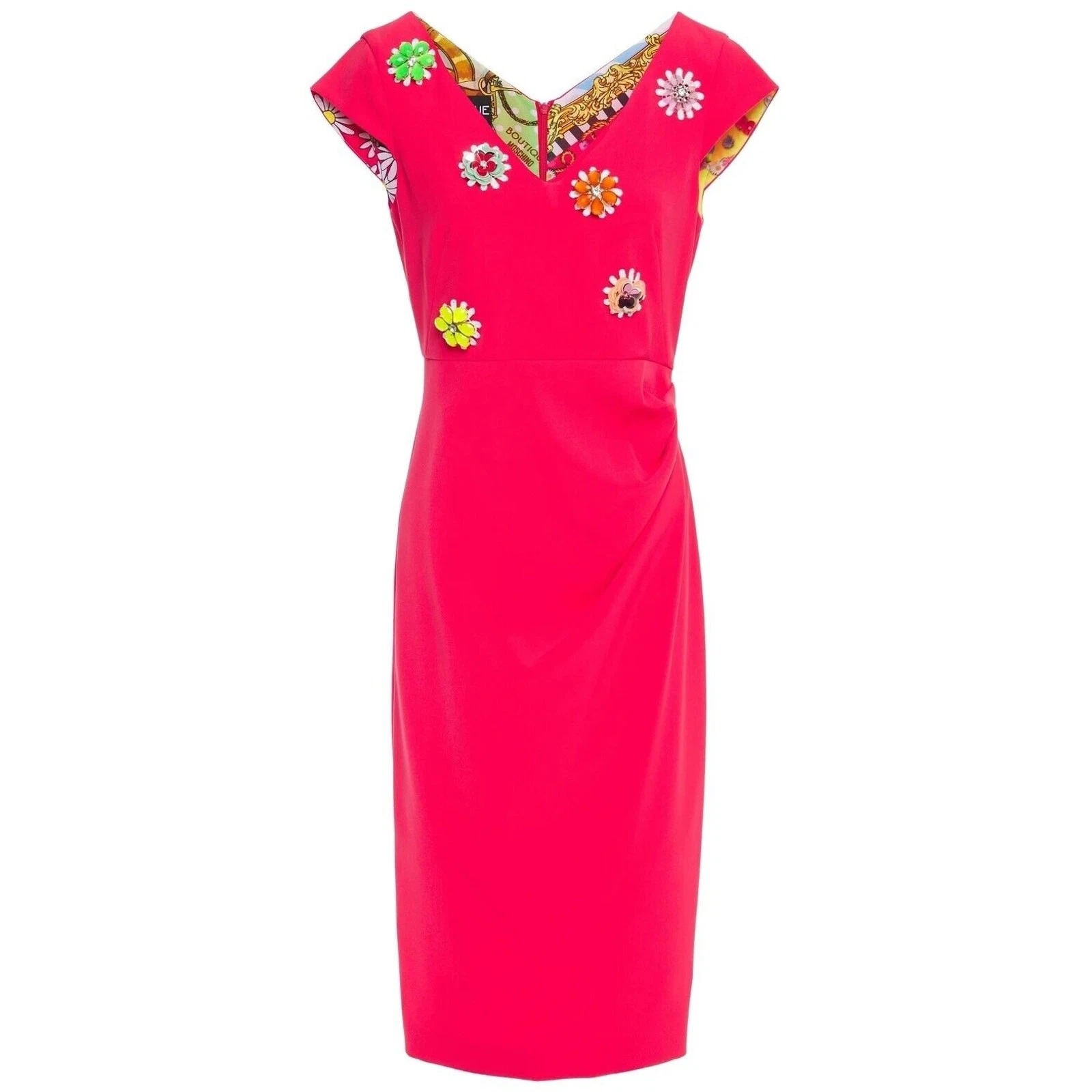 Abito MOSCHINO BOUTIQUE in cady elasticizzato con applicazioni floreali taglia US 6 nuovo con etichette