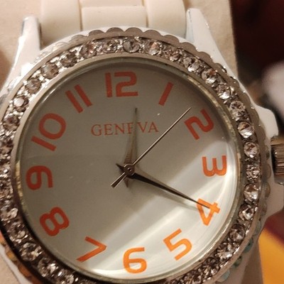 Geneva Wristwatch White Silicone Band Crystal Bezel Analog White Dial