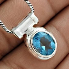 Throat Chakra Natural Blue Topaz 925 Sterling Silver Bezel New Year Gift Pendant