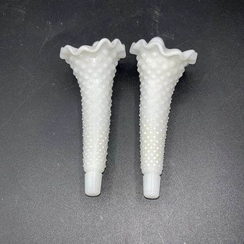 2 Fenton White Milk Glass Hobnail Epergne Trumpet Horn Ruffled Flower  6”