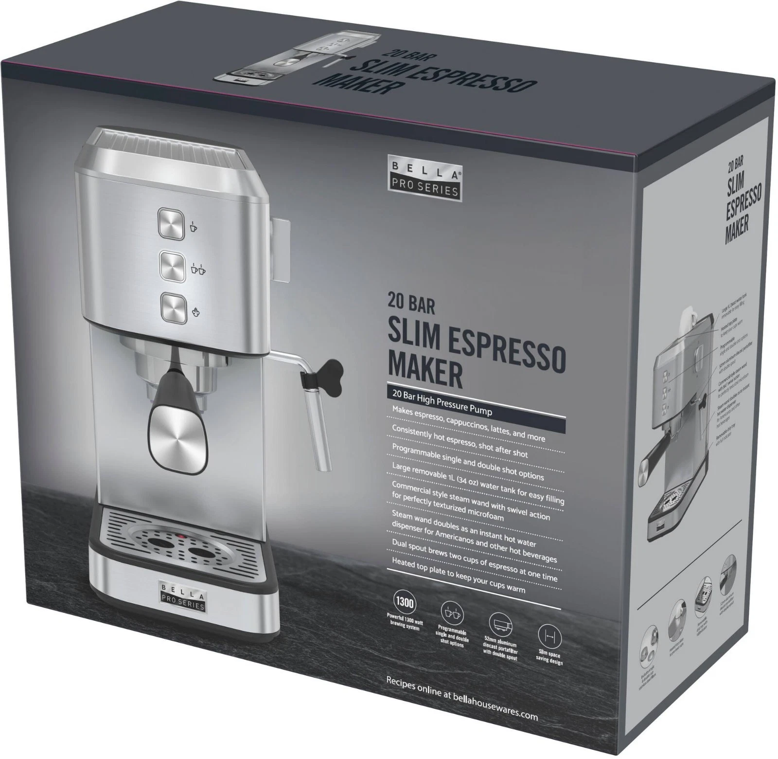 Bella Pro Series 20 Bar Slim Espresso Maker EM-2205B Stainless Steel D
