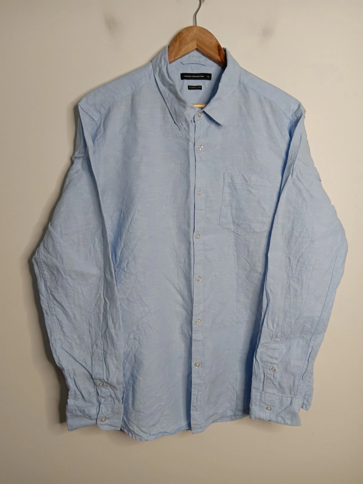 French Connection 100% Linen Shirt Mens XL Extra Large Blue Casual Classic Fit