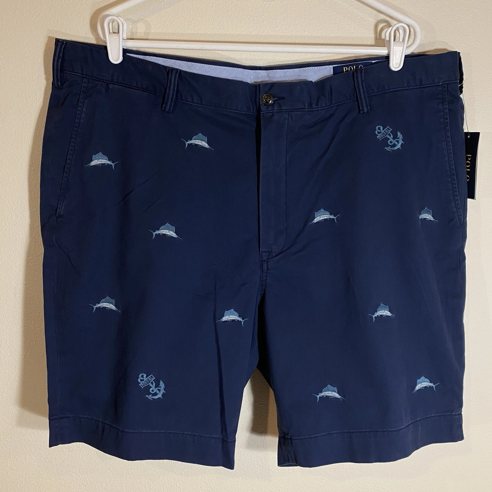 Polo Ralph Lauren 9" Blue Shorts Sailfish Marlin Anchor Fishing $125 - 42B