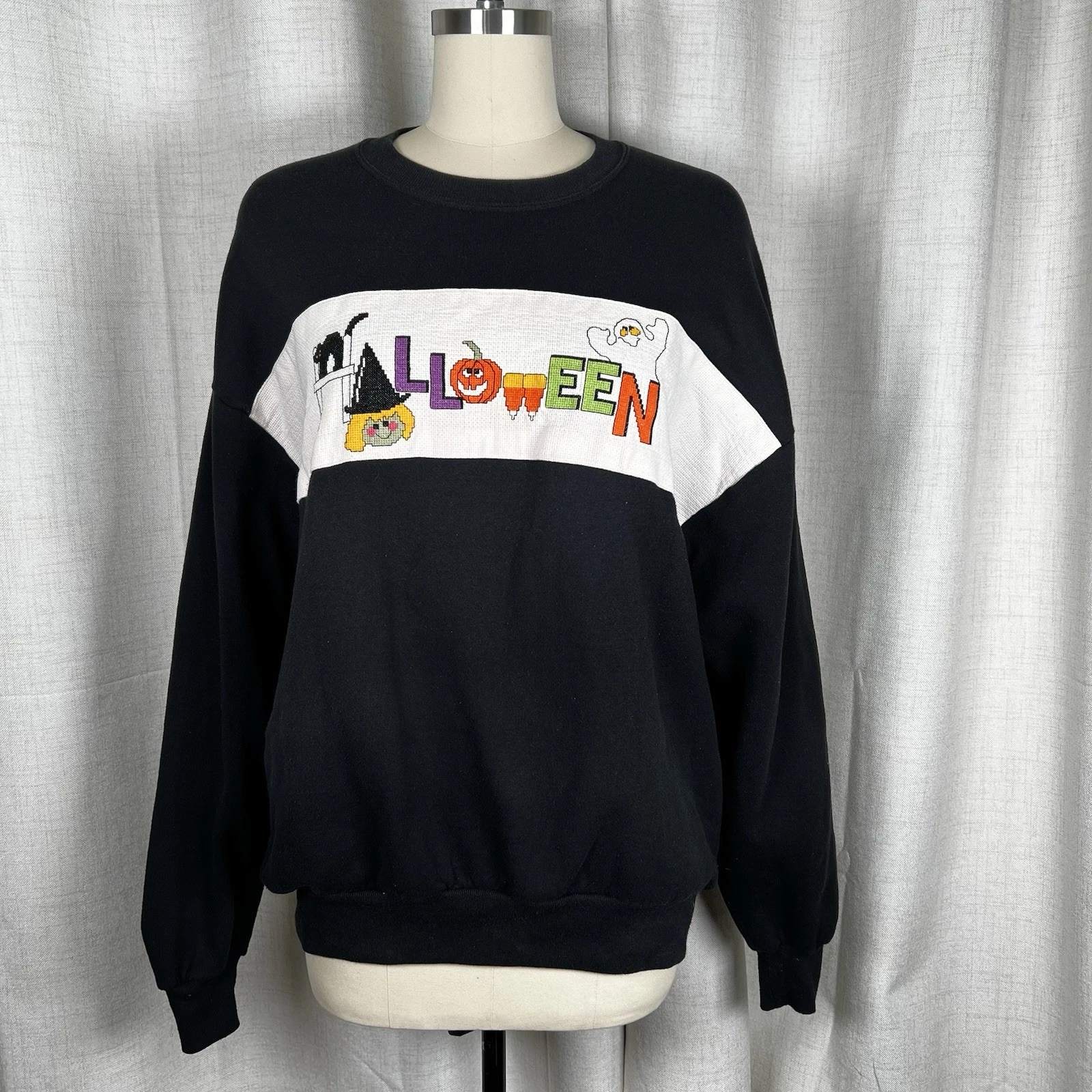 Vintage Halloween Jerzees Needlepoint Black Crew Neck XL Sweatshirt Cat USA
