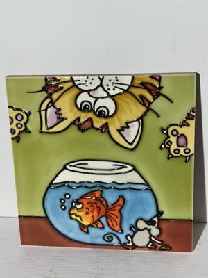 Cat Looking Over Fish Bowl Hand Painted Raised Outline Ceramic Tile 7.75  Square
