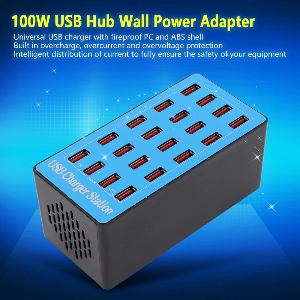 WLXA5+ 100W 20-Port USB Fast Charging Station Wall Power Adapter