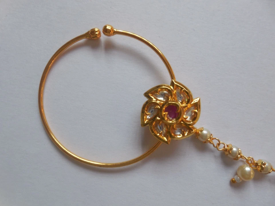 Gold Plated Kundan Nose Ring With Chain Nath Non Pierced Wedding Bridal Hoop - Image 2 of 4