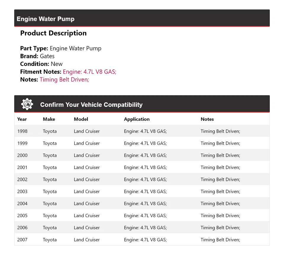 Para Toyota Land Cruiser 1998-2007 4,7 L V8 motor de gas bomba de agua puertas 1999 2000 Foto 2 de 4