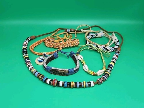 Friendship Bracelet Necklace 7pc Lot Coconut Button Bead Leather Seashell Rope