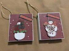 SET OF 2 HANDMADE 2 1/2  X 3  SCRAPBOOK CHRISTMAS TREE ORNAMENTS- Snowmen