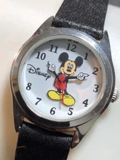 Mickey Mouse Women’s Watch Silver Tone DISNEY MZB Black Leather Band New Bat