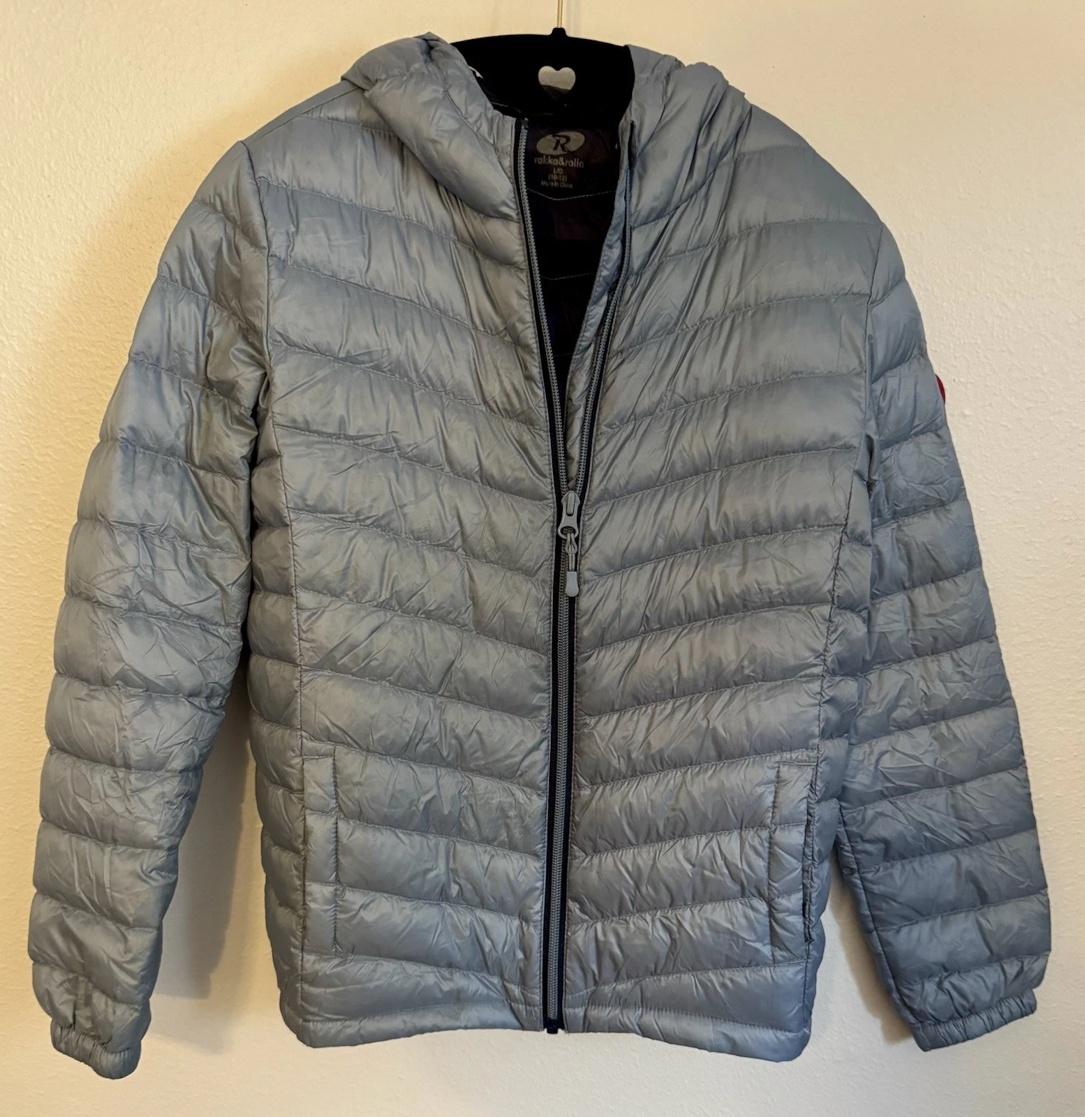 Rokka & Rolla Puffer Jacket Size 10/12 Kids Down Filled Lightweight Hooded Blue