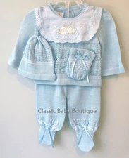 NWT Boutique Blue 4pc Bear Knit Pant Set Newborn 0 Baby boys Hat 100% Cotton