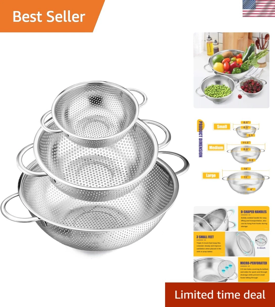 Stainless Steel Colander Set of 3 1-3-5Quart, Micro-Perforated Metal Colander...