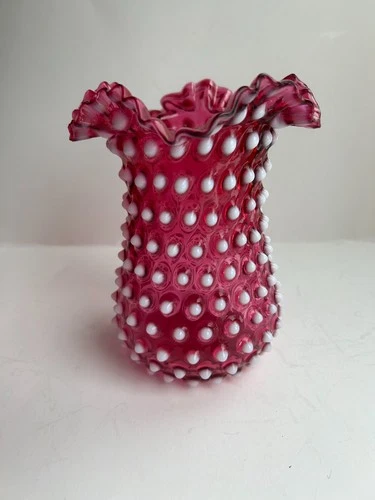 Vintage FENTON Cranberry OPALESCENT Hobnail RUFFLED 6.5" Art Glass Vase