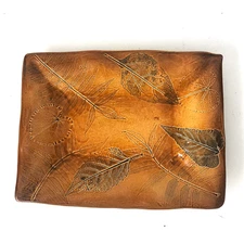 Studio Art Pottery Tray/Trinket Tray With Pressed Leaves Signed by Artisan