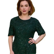 Vintage Laurence Kazar Beaded Dress Dark Green Size 1X Sequin Midi Dress