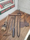 P92- PRIMITIVE ANTIQUE TOOL LOT - Axe, Tongs. Log Dog, etc