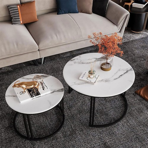2xHigh Profile Round Nesting Marble Coffee Tables Set Sofa End Table Modern Deco - Picture 6 of 36