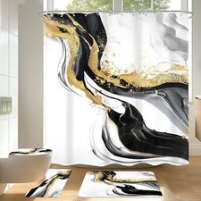 Black White Gold Marble Shower Curtain Sets 4Pcs Abstract Modern Luxury Gray ...