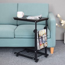 Bed Side Table C-Shaped Coffee Table Laptop Desk Living Room Bedroom w/ Wheels