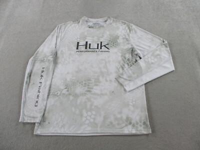 Huk Shirt Mens Medium Green Yeti Camo Fishing Crewneck Performance