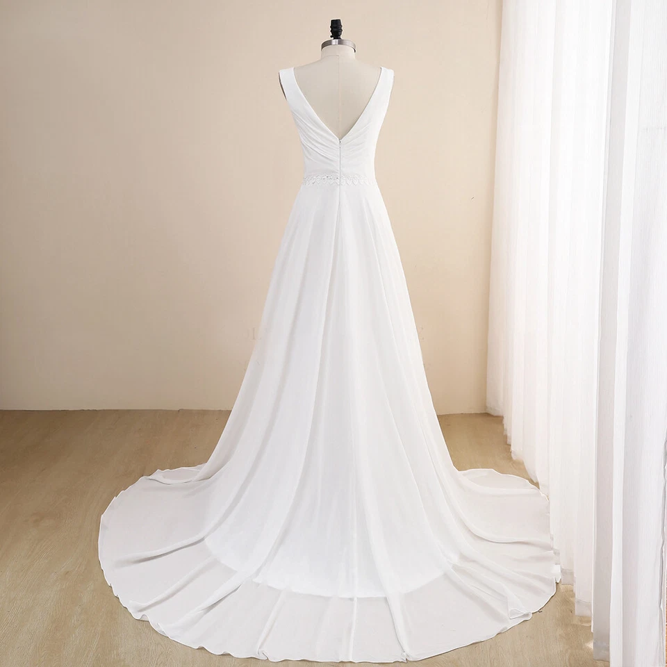 Simple A Line Wedding Dresses V Neck Chiffon Sweep Train Boho Bridal Gown Custom - Image 3 of 4