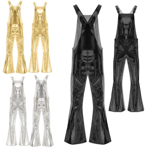 Mens Shiny Metallic Straight Pants Dungarees Suspender Spandex Leotard Jumpsuits - Picture 1 of 45