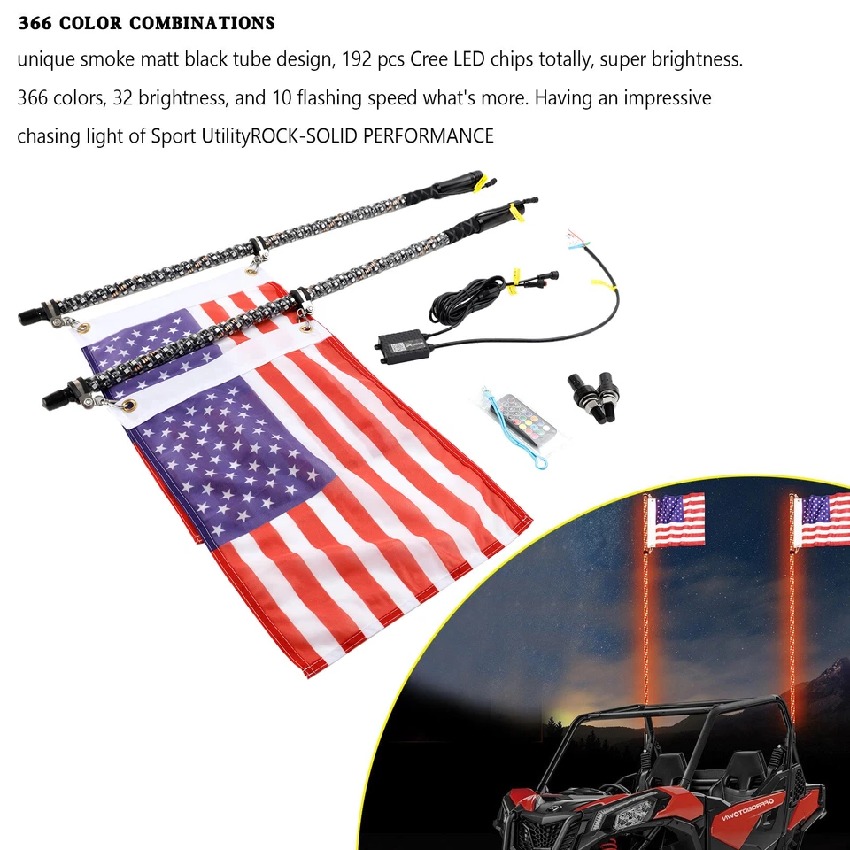 2*3ft RGB LED Whip Lights Antenna W/ Flag Remote Control For Polaris RZR UTV ATV - Image 2 of 4