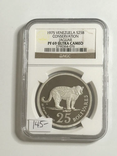 1975 Venezuela 25 Bolivares Conservation Jaguar .999 Coin PF 69 Ultra Cameo NGC