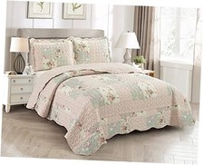 Rose and Sage Quilt Set, 3-Piece Bedding Sets, Quilt Set Queen Pink
