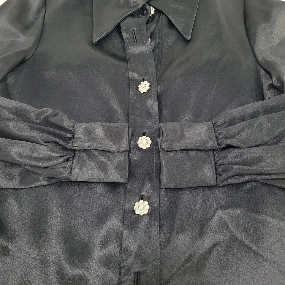 Blusa De Colección Sin Marca Negra Satén Abotonada Manga Larga EE. UU. Hecha en Unión Talla 14 Foto 4 de 4