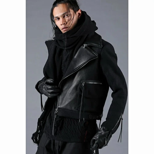 D Hygen Japanese Men’s Black Leather and wool Biker Jacket  - product listing photo