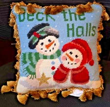 SWEET 9" FRINGE Deck the Halls Needlepoint Small Christmas Pillow SNOWMEN Wool