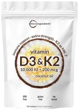 Vitamin D3 10,000 IU + K2 MK-7 200 mcg, 180 Softgels | Virgin Coconut Oil | 2...