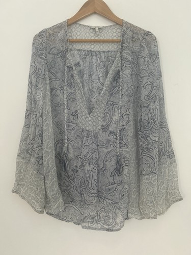 Joie 100% Silk Blue Paisley Print Semi Sheer Smock Top / Tunic Blouse Sz M 12-14 - Picture 3 of 17
