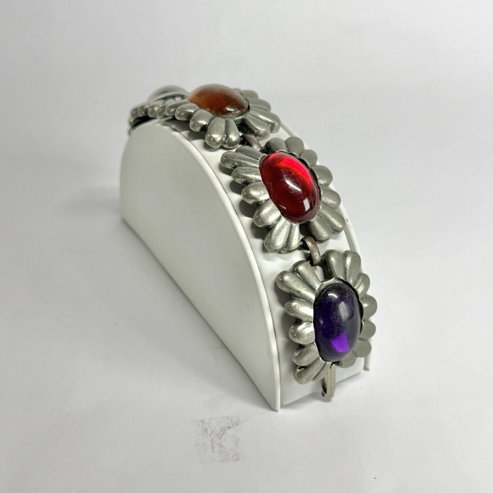 Chunky Artisan Multicolor Floral Silver Tone Vintage Bracelet Jewelry Br198