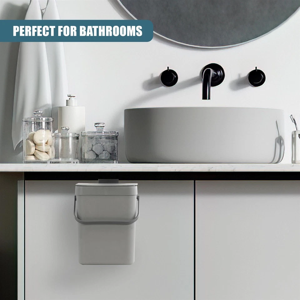 Hanging Kitchen Waste Bin with Lid Wall Mounted Over Door Cupboard Trash Can 3L - Image 4 of 4